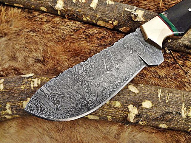 9' Long hand forged Damascus steel full tang Skinning Knife, Natural Bull horn with Brass Bolster scale, Cow hide Leather sheath