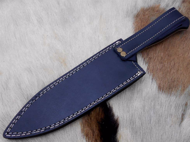 Damascus Steel kitchen Knife Custom made 13 Inches long Hand Forged Chef Knife 7.2' edge Buffalo Horn W/Bolster scale, cow leather sheath