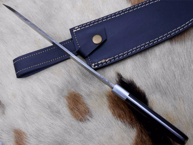 Damascus Steel kitchen Knife Custom made 13 Inches long Hand Forged Chef Knife 7.2' edge Buffalo Horn W/Bolster scale, cow leather sheath