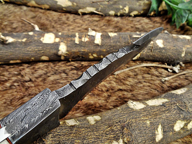 9' Long hand forged Damascus steel full tang skinning Knife with gut hook, Camel bone with Damascus Bolster, Cow hide Leather sheath