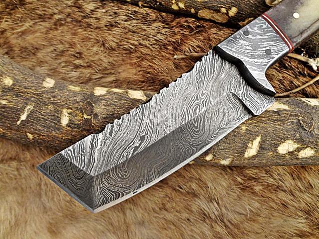 8' Long hand forged Damascus steel full tang Tanto blade custom made hunting Knife, Grey bone with Damascus Bolster, Cow leather sheath