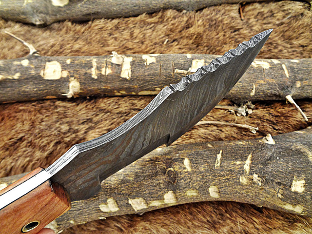 10'Long tracker knife hand forged twist pattern full tang Damascus steel, Natural Rose wood with pipe hole scale, Cow hide leather sheath