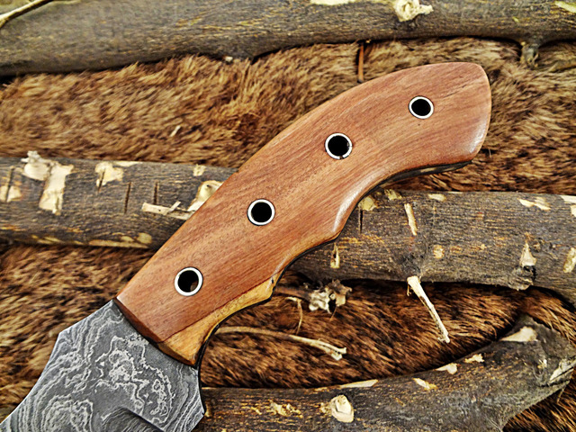 10'Long tracker knife hand forged twist pattern full tang Damascus steel, Natural Rose wood with pipe hole scale, Cow hide leather sheath