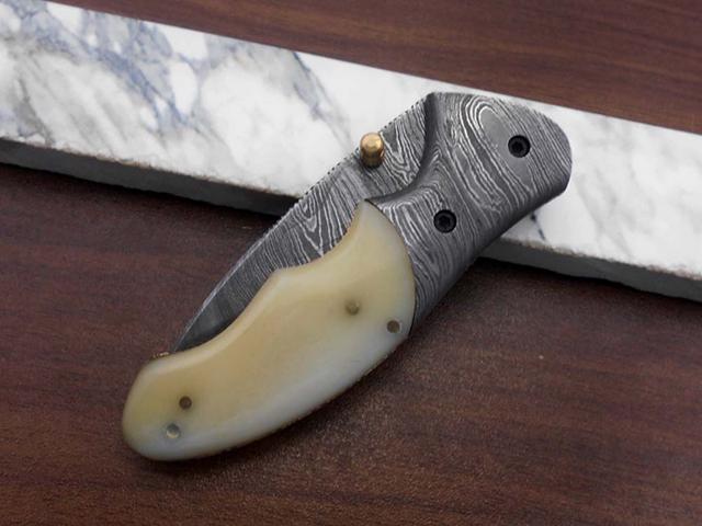7'long Damascus steel Folding Knife with camel bone scale custom made 3' Hand Forged blade cow hide leather sheath
