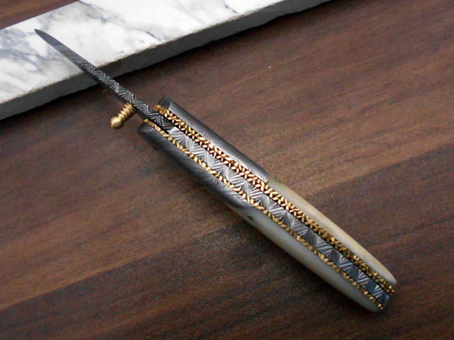 7'long Damascus steel Folding Knife with camel bone scale custom made 3' Hand Forged blade cow hide leather sheath