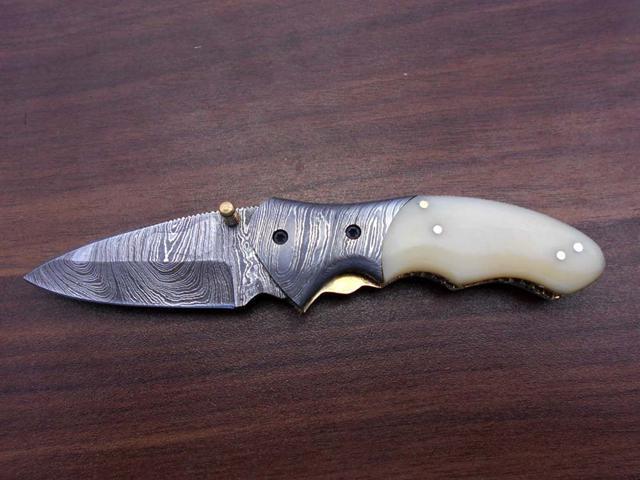 7'long Damascus steel Folding Knife with camel bone scale custom made 3' Hand Forged blade cow hide leather sheath