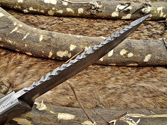 11' Long hand forged Damascus steel full tang clip point blade skinning Knife, Natural Rose wood with Brass bolster, Cow Leather sheath