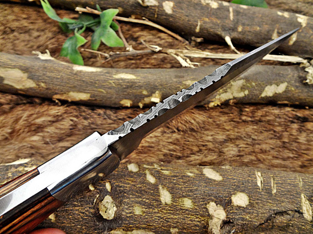 11' Long hand forged Damascus steel full tang blade skinning Knife, 2 tone brown Dollar wood with Brass bolster scale, Cow Leather sheath