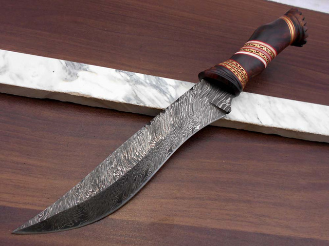 13' Long hand forged Damascus steel skinning knife, Engraved Rose wood scale crafted with engraved brass & Camel bone spacer hunting knife, Cow...