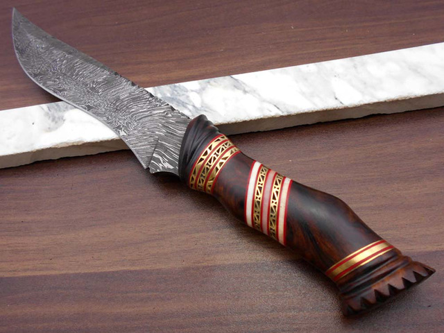 13' Long hand forged Damascus steel skinning knife, Engraved Rose wood scale crafted with engraved brass & Camel bone spacer hunting knife, Cow...