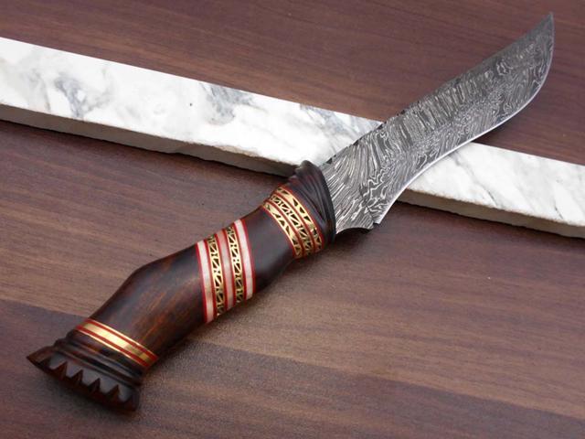 13' Long hand forged Damascus steel skinning knife, Engraved Rose wood scale crafted with engraved brass & Camel bone spacer hunting knife, Cow...