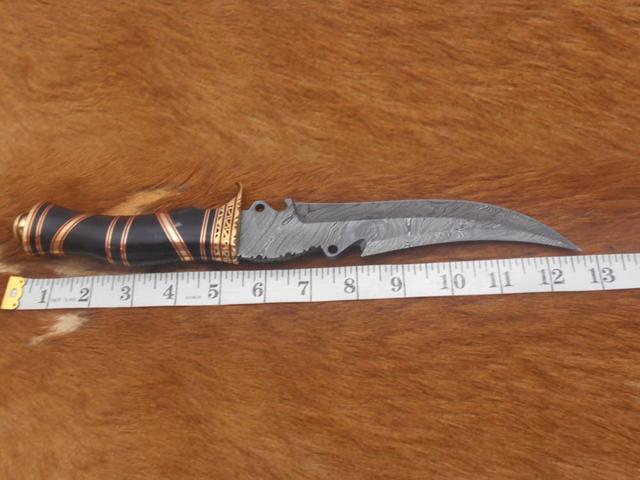 13' Long hand forged Damascus steel Hunting knife, exotic Bull Horn scale crafted with engraved brass finger guard, spacer & red fiber, Cow hide...