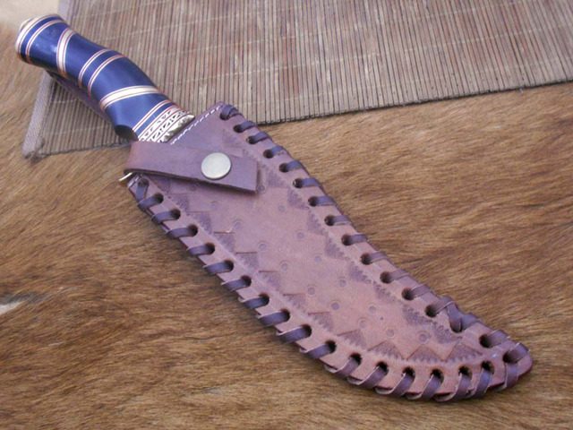 13' Long hand forged Damascus steel Hunting knife, exotic Bull Horn scale crafted with engraved brass finger guard, spacer & red fiber, Cow hide...