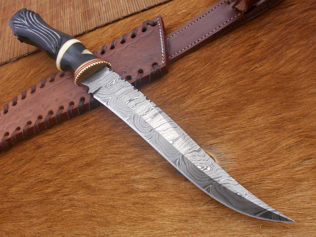 13' Long hand forged Damascus steel skinning knife, Engraved Bull horn crafted with engraved brass spacer and Camel bone scale hunting knife, Cow...