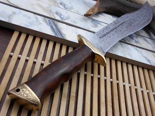 13 Inches long Damascus steel custom made hunting Bowie Knife, Red wood scale with brass finger guard and cap cow hide leather sheath