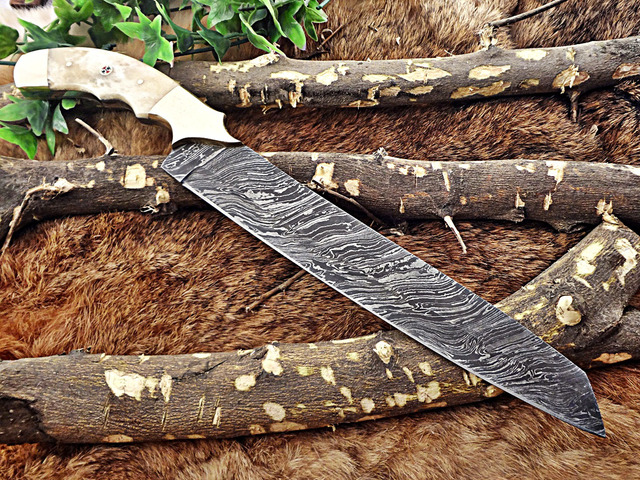 13 Inches long custom made Damascus steel full tang 9' blade kitchen Knife, Camel bone 4' scale with brass bolster