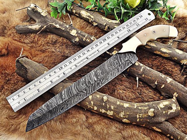 13 Inches long custom made Damascus steel full tang 9' blade kitchen Knife, Camel bone 4' scale with brass bolster