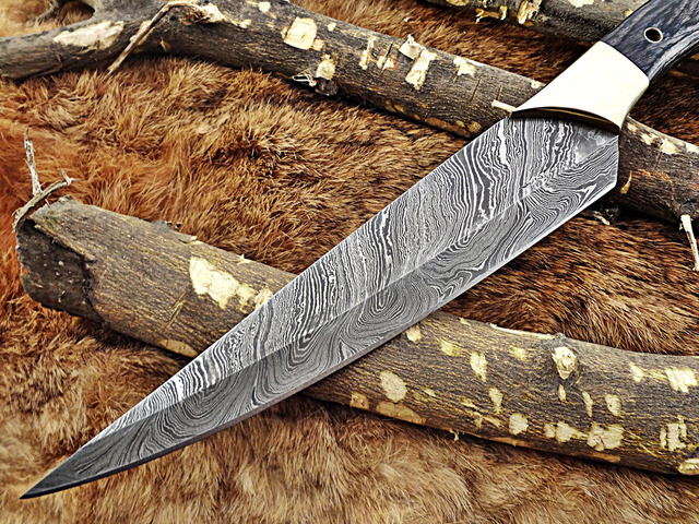 13.5 Inches long custom made Damascus steel slicer kitchen chef Knife 8' full tang blade Black Dollar Wood scale with brass bolster