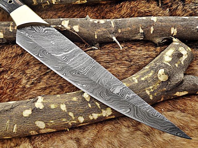 13.5 Inches long custom made Damascus steel slicer kitchen chef Knife 8' full tang blade Black Dollar Wood scale with brass bolster