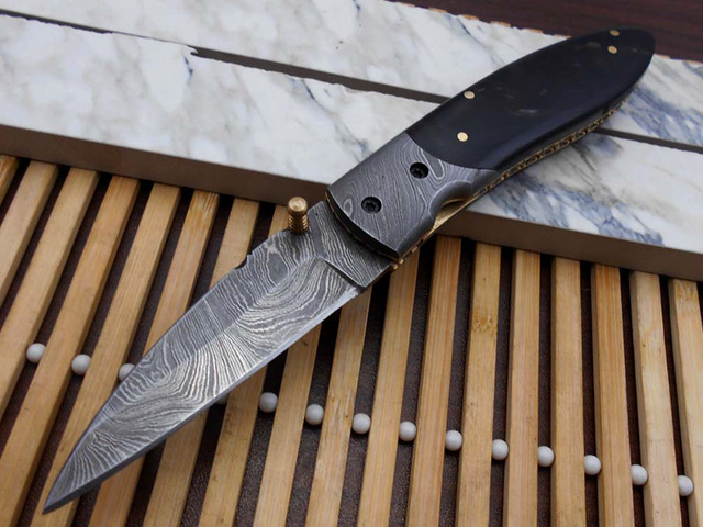 Damascus steel 7.8' long Folding Knife Bull horn with Damascus bolster scale, custom made 3.2' Hand Forged blade cow hide leather sheath