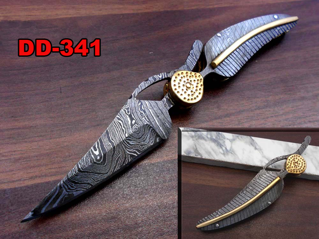 8' hand forged Damascus steel folding pocket knife crafted in Leaf shape, Engraved Damascus scale with bras art work cow leather sheath