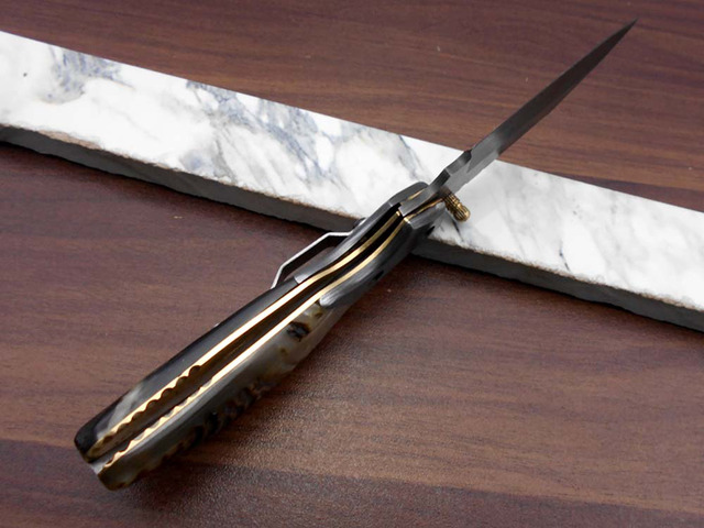 Damascus steel 7.5' long Folding Knife Camel bone with Damascus bolster scale, custom made 3' Hand Forged blade cow hide leather sheath