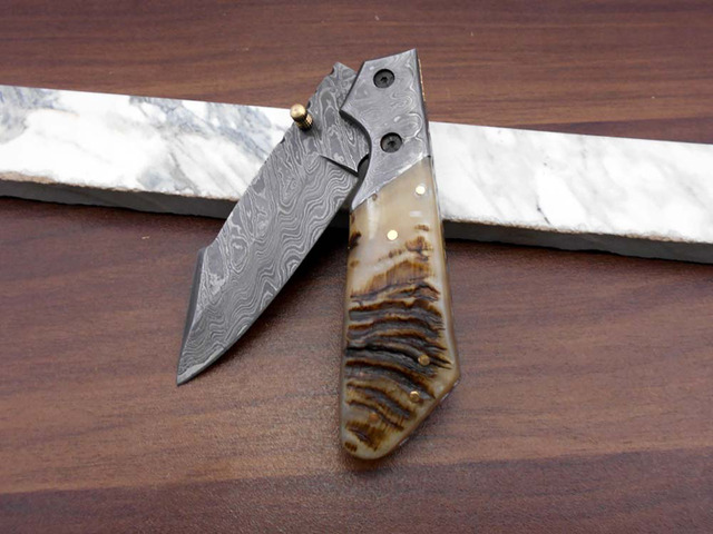 Damascus steel 7.5' long Folding Knife Camel bone with Damascus bolster scale, custom made 3' Hand Forged blade cow hide leather sheath