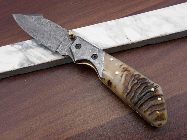 Damascus steel 7.5' long Folding Knife Camel bone with Damascus bolster scale, custom made 3' Hand Forged blade cow hide leather sheath