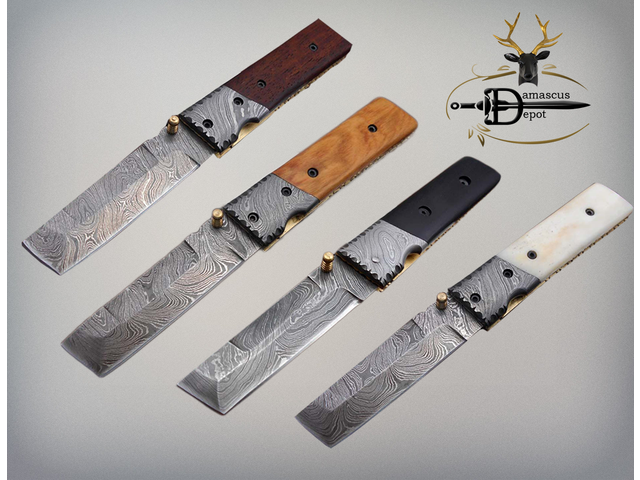 Hand forged Damascus steel Tanto blade folding knife, 7.5' long custom made knife with 3.5' blade & thumb knob, available in various colors scale,...