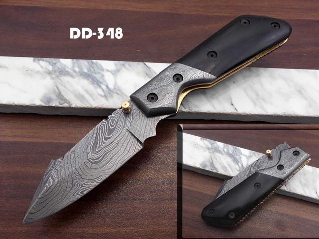 7.5' long Damascus steel Folding Knife with pocket clip, Available in Red Blue, Black & white colors scales with Damascus bolster, custom made 3'...