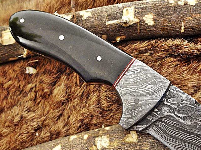 8' Long gut hook skinning Knife, hand forged Damascus steel, full tang blade, Bull horn scale with Damascus bolster, cow leather sheath included