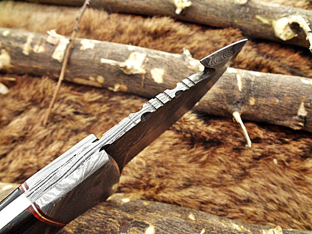 8' Long gut hook skinning Knife, hand forged Damascus steel, full tang blade, Bull horn scale with Damascus bolster, cow leather sheath included