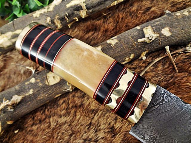 9.5' Long Damascus steel Skinning Knife hand forged Twist pattern Damascus steel, Bull horn round scale crafted with engraved brass spacer & cap,...