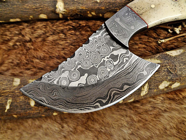 7' long compact Hand Forged Damascus Steel wide blade skinning Knife with 3.5' cutting, Natural camel bone scale with Damascus Bolster, Cow Hide...
