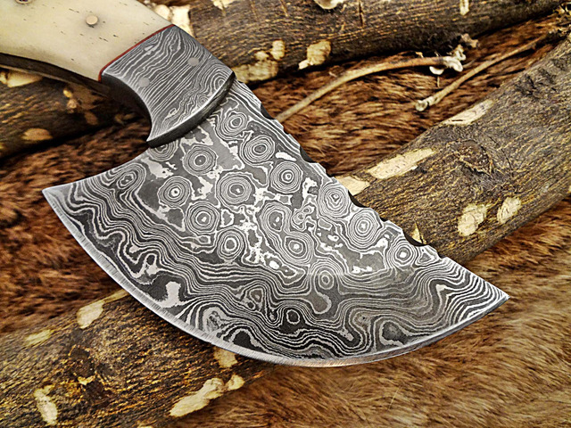7' long compact Hand Forged Damascus Steel wide blade skinning Knife with 3.5' cutting, Natural camel bone scale with Damascus Bolster, Cow Hide...