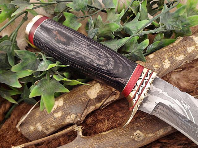 Damascus Steel Hunting Bowie Knife 14.5 Inches custom made Hand Forged With 10' blade, 2 Tone Green wood with engraved brass scale, Thick cow hide...