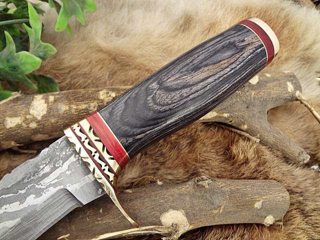 Damascus Steel Hunting Bowie Knife 14.5 Inches custom made Hand Forged With 10' blade, 2 Tone Green wood with engraved brass scale, Thick cow hide...