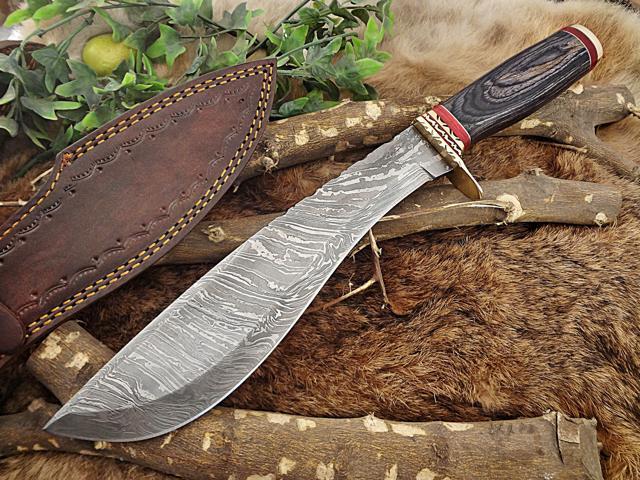 Damascus Steel Hunting Bowie Knife 14.5 Inches custom made Hand Forged With 10' blade, 2 Tone Green wood with engraved brass scale, Thick cow hide...