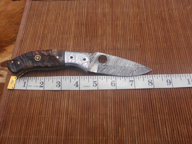 8' Damascus steel folding knife with finger hole blade, Bird Engraved steel bolster, liner Lock equipped, Natural Ram Horn scale, Cow Leather sheath