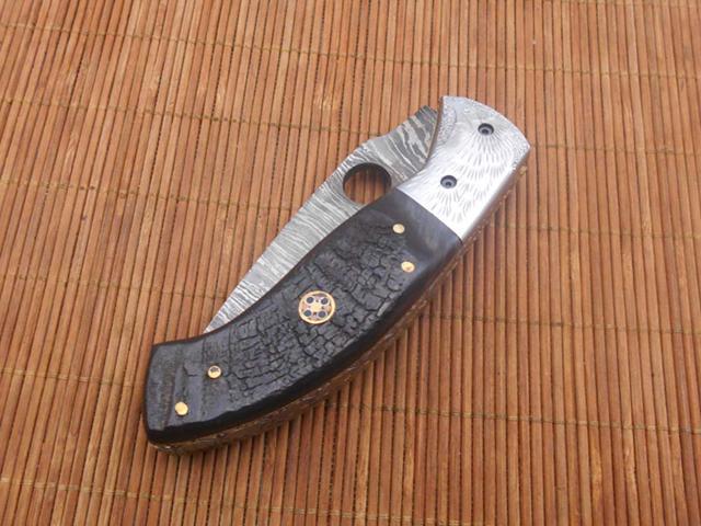 8' Damascus steel folding knife with finger hole blade, Bird Engraved steel bolster, liner Lock equipped, Natural Ram Horn scale, Cow Leather sheath