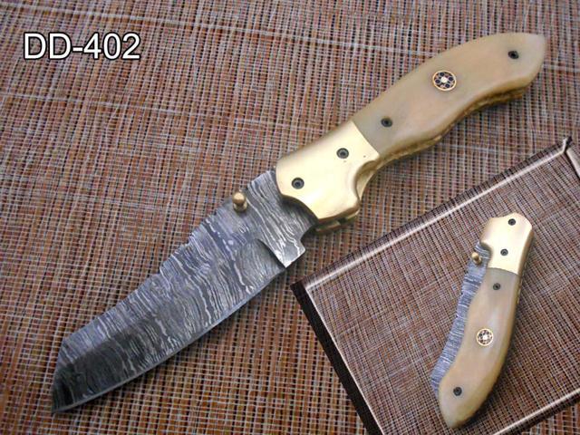 8' Tanto blade folding knife, Natural Ram horn scale, Hand forged Twist Pattern Damascus steel, Equipped with Thumb pin & liner lock, Cow hide...