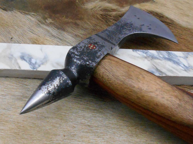 Damascus Depot Tomahawk Axe bearded hiking battle axe 15 Inches long Hand Forged steel with Rose wood round handle, thick cow hide leather sheath