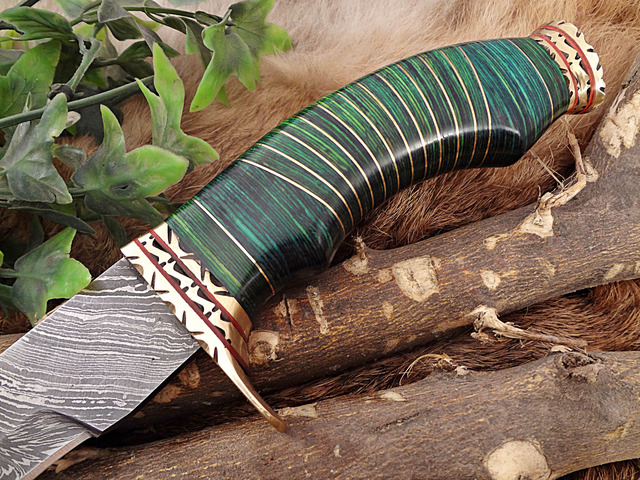 Damascus Steel Kukri Knife 15 Inches custom made Hand Forged With 10' long blade, Green wood with engraved brass scale, Cow Leather Sheath