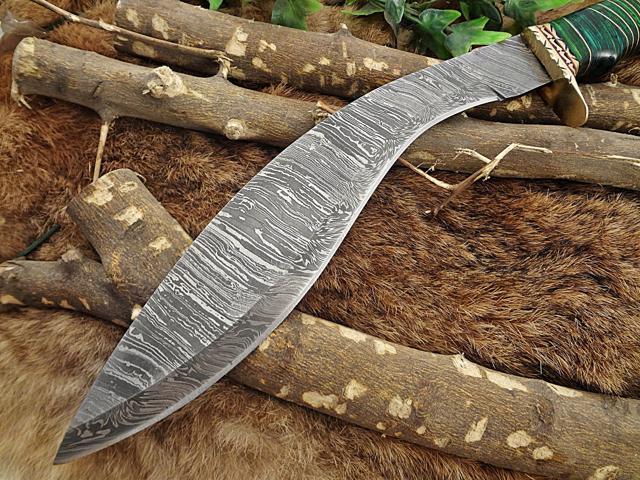 Damascus Steel Kukri Knife 15 Inches custom made Hand Forged With 10' long blade, Green wood with engraved brass scale, Cow Leather Sheath