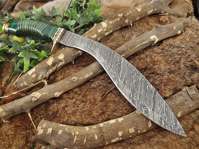 Damascus Steel Kukri Knife 15 Inches custom made Hand Forged With 10' long blade, Green wood with engraved brass scale, Cow Leather Sheath