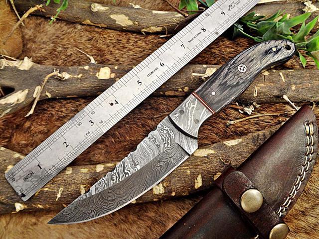 9.5' Long hand forged Damascus steel full tang blade skinning Knife, 2 tone black Dollar wood with Damascus bolster, Cow Leather sheath (Dollar wood)