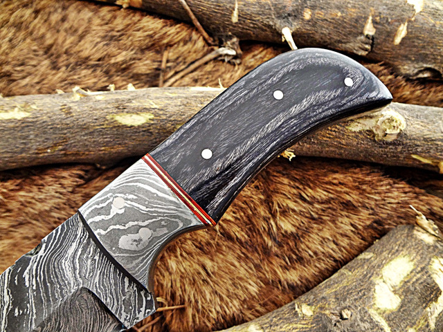 7.5' HAND FORGED DAMASCUS STEEL FULL TANG BLADE GUT HOOK SKINNING POCKET KNIFE with Leather sheath