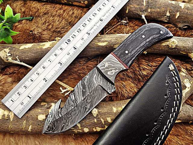 7.5' HAND FORGED DAMASCUS STEEL FULL TANG BLADE GUT HOOK SKINNING POCKET KNIFE with Leather sheath