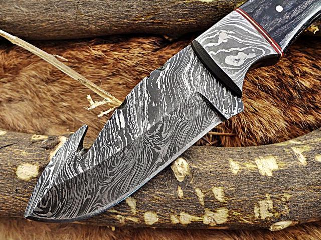 7.5' HAND FORGED DAMASCUS STEEL FULL TANG BLADE GUT HOOK SKINNING POCKET KNIFE with Leather sheath
