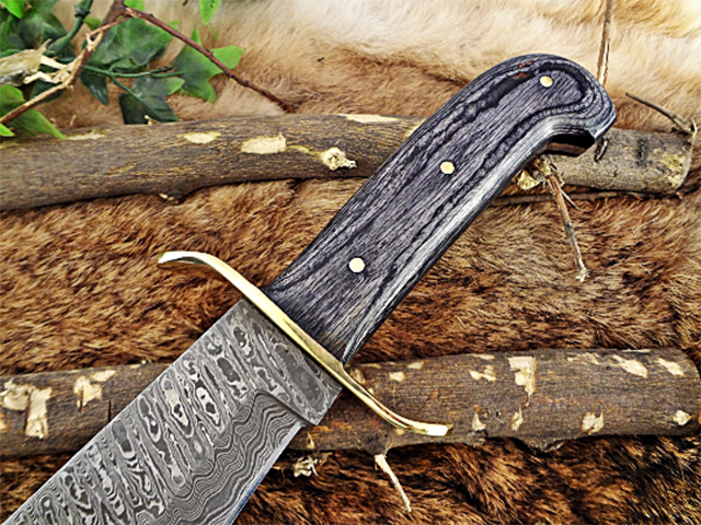 15' long hand forged Damascus steel hunting Bowie knife with brass finger guard, 2 tone over 5' Dollar wood scale, Cow hide Leather sheath